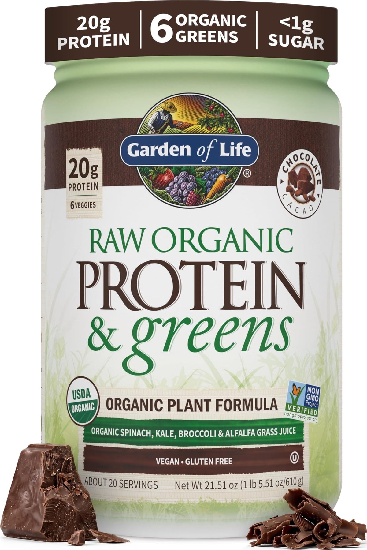Garden of Life vista frontal del envase chocolate, aporte proteico claro