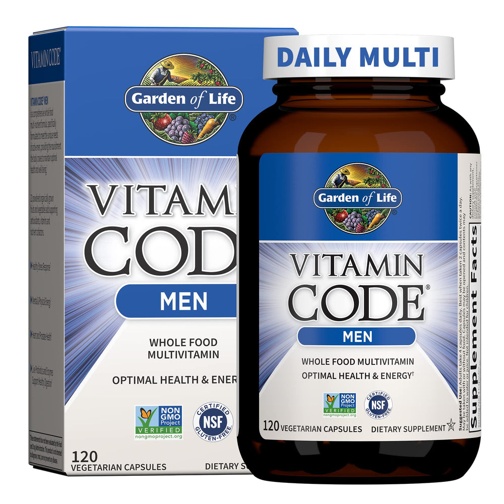 Garden of Life envase frontal Vitamin Code Men mostrando tamaño y propósito