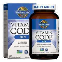 Garden of Life envase frontal Vitamin Code Men mostrando tamaño y propósito
