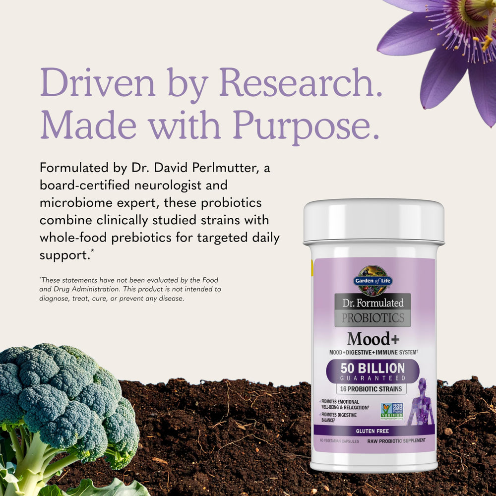 Garden of Life label close-up listing 16 strains and 50 billion CFU for potency