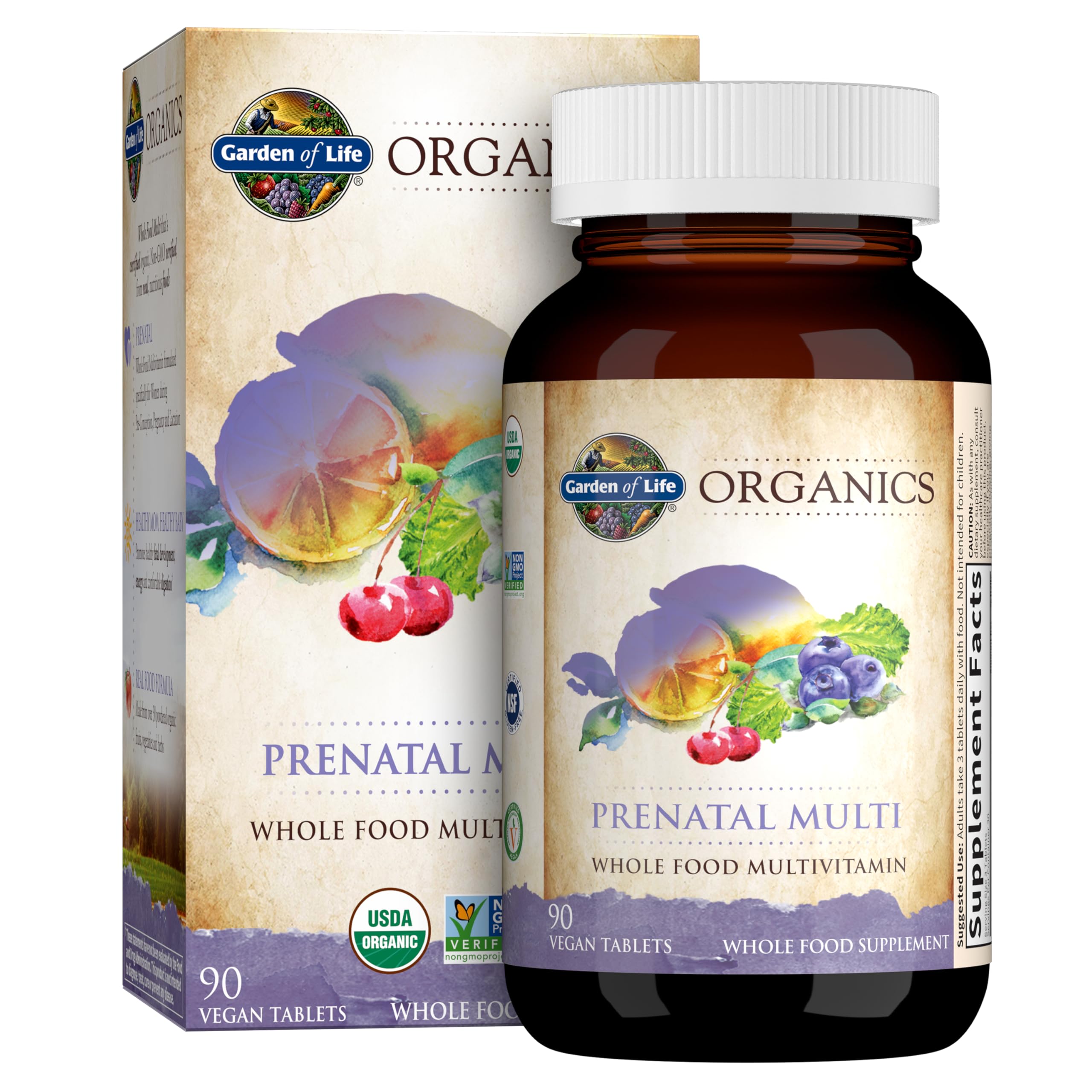 Garden of Life frasco frontal mostrando el multivitamínico prenatal y sus beneficios
