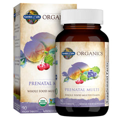 Garden of Life frasco frontal mostrando el multivitamínico prenatal y sus beneficios