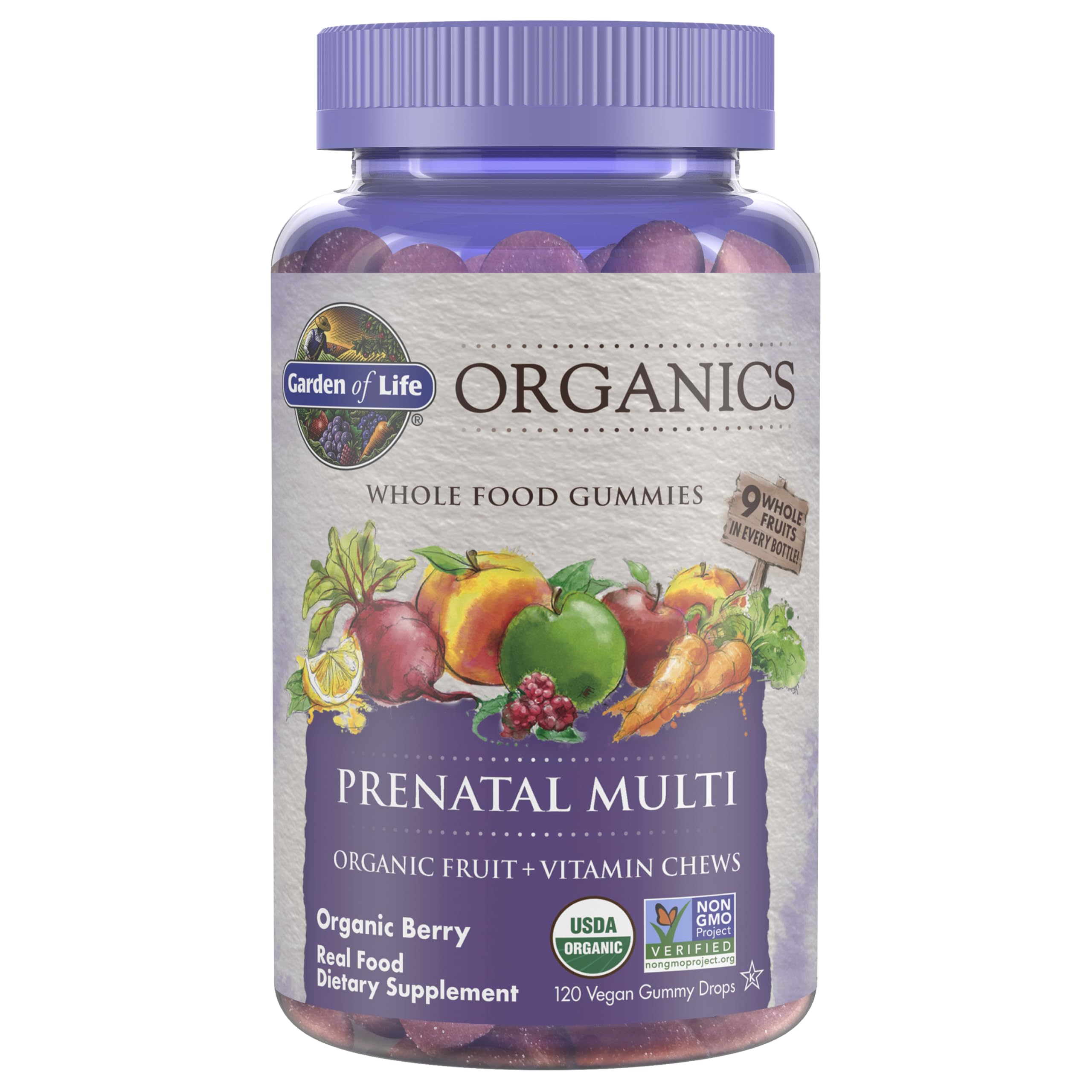 Garden of Life front packaging showing organic prenatal gummies and certifications benefit clarity
