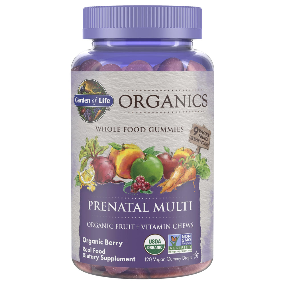 Garden of Life front packaging showing organic prenatal gummies and certifications benefit clarity