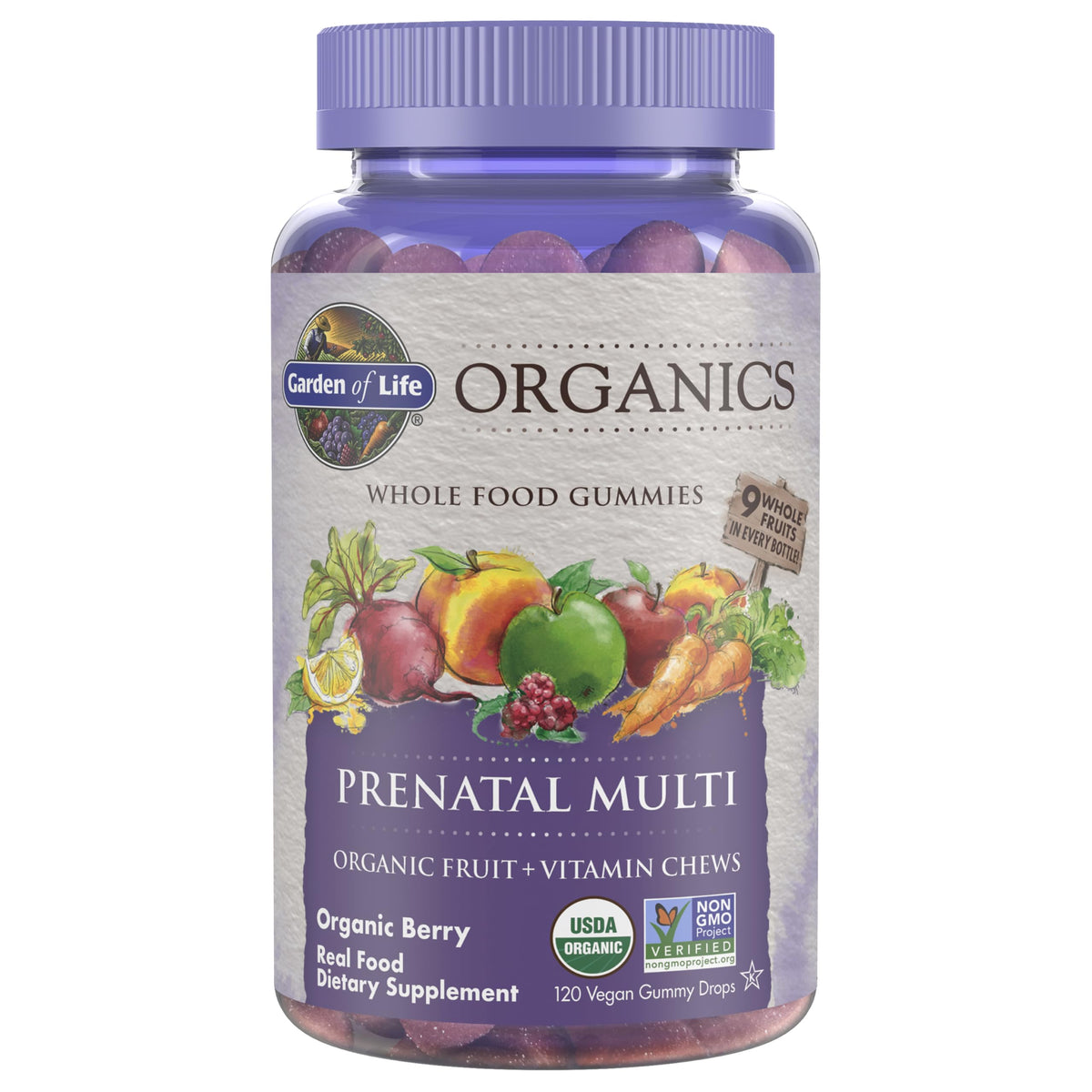 Garden of Life front packaging showing organic prenatal gummies and certifications benefit clarity