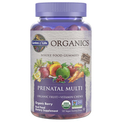 Garden of Life front packaging showing organic prenatal gummies and certifications benefit clarity