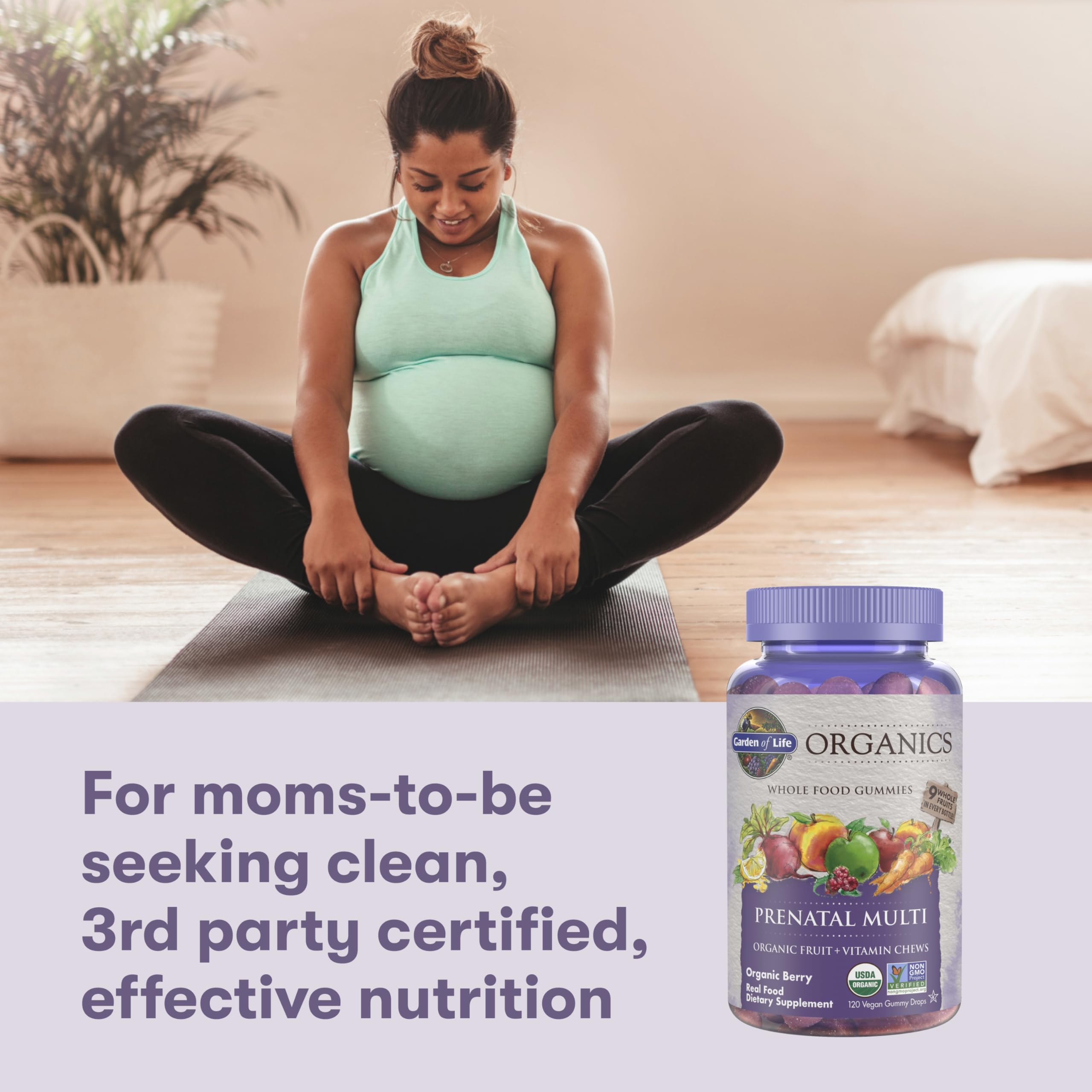 Garden of Life pregnant woman holding bottle demonstrating prenatal support on-the-go benefit