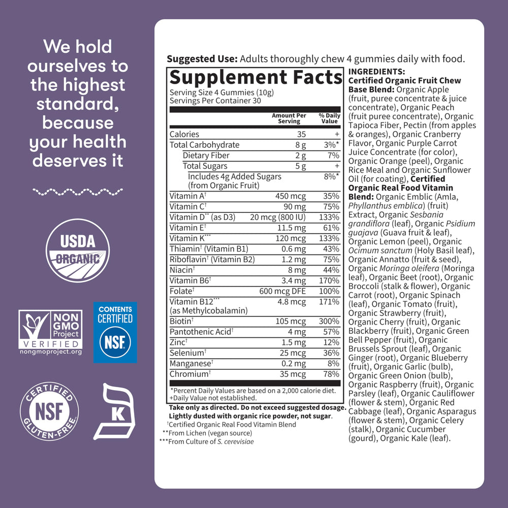 Garden of Life four gummies on spoon to show serving size and convenience benefit