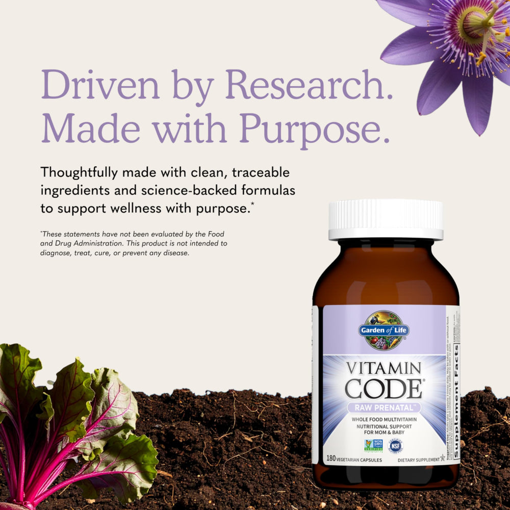 Garden of Life etiqueta de ingredientes destacando folato, hierro y probióticos