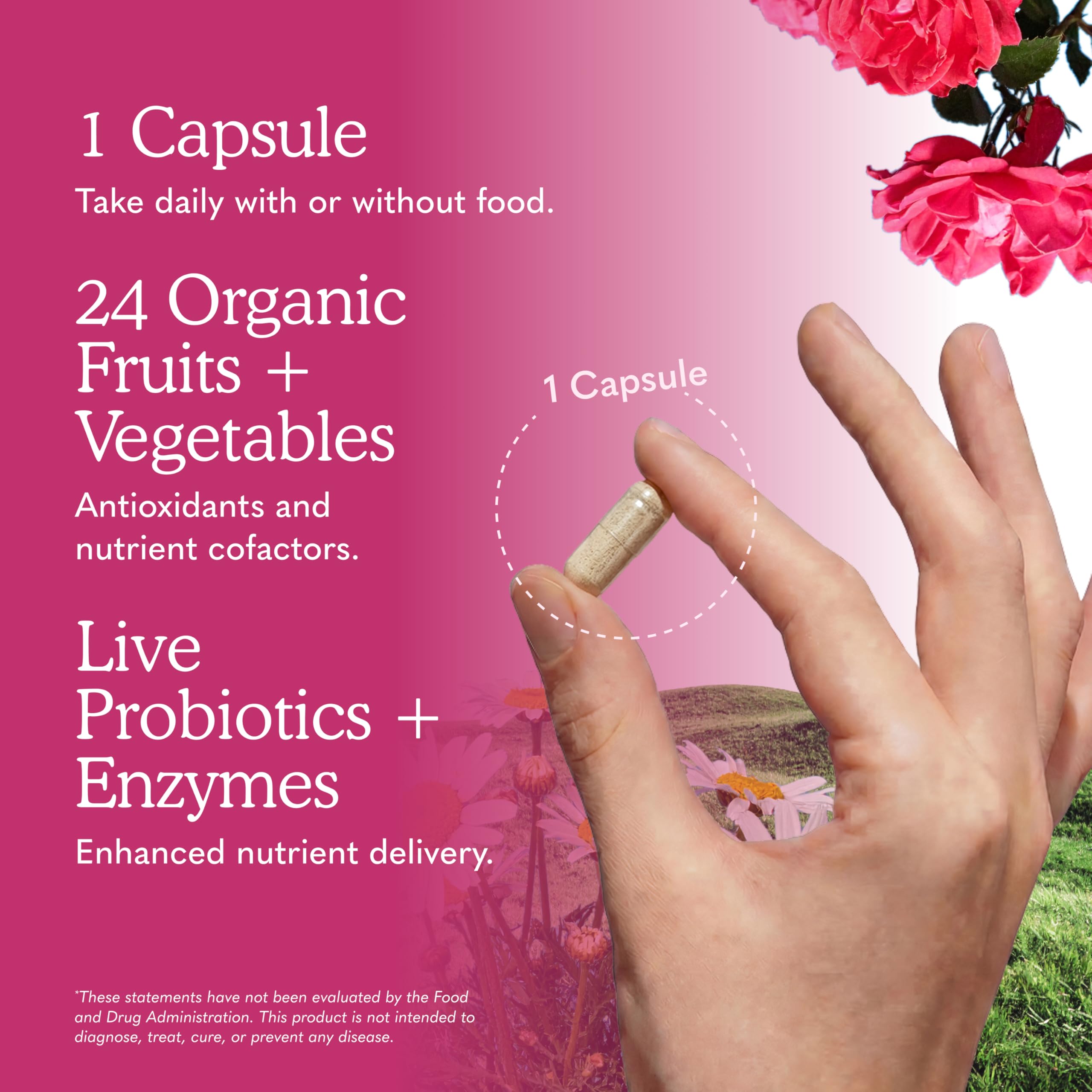 Garden of Life cápsula en mano para mostrar tamaño y dosificación