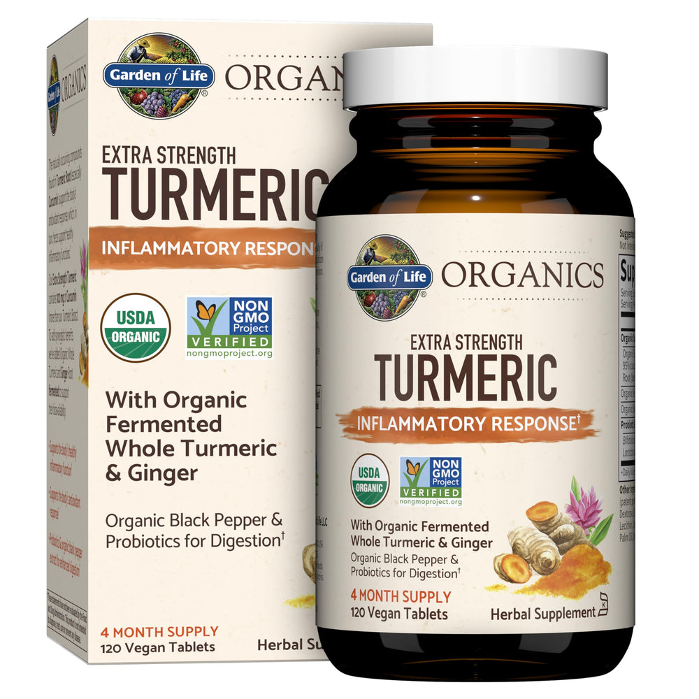 Garden of Life frasco frontal mostrando 120 tabletas y beneficios certificados
