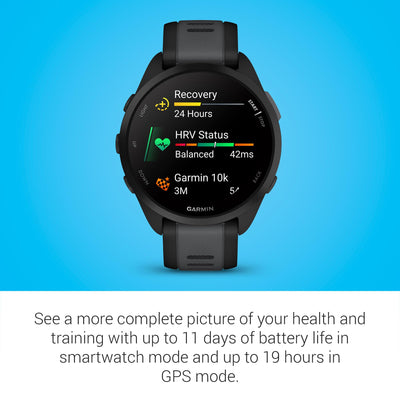 Garmin Forerunner 165 informe matutino con métricas, visión rápida de recuperación