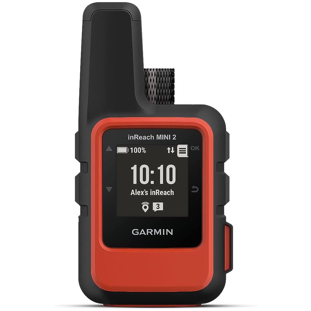 Garmin inReach Mini 2 front view in orange showing compact communicator and buttons for quick messaging