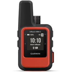 Garmin inReach Mini 2 front view in orange showing compact communicator and buttons for quick messaging
