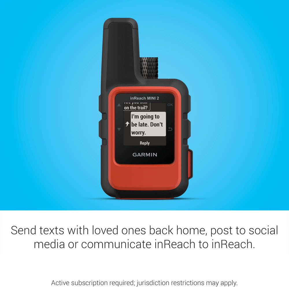 Garmin inReach Mini 2 mounted on a backpack strap illustrating convenient access and on‑trail use