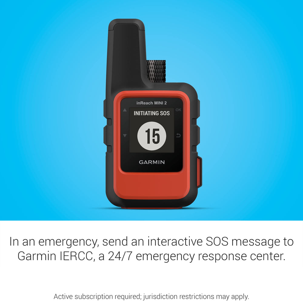Garmin inReach Mini 2 held in a hand to show true size and lightweight portability for long treks