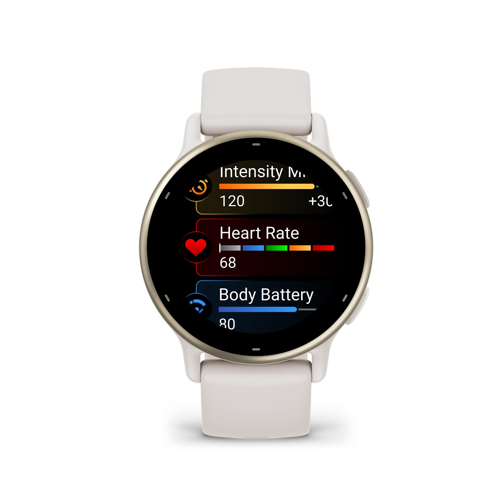 Garmin vívoactive 5 close-up of colorful AMOLED screen benefit: high-contrast visibility