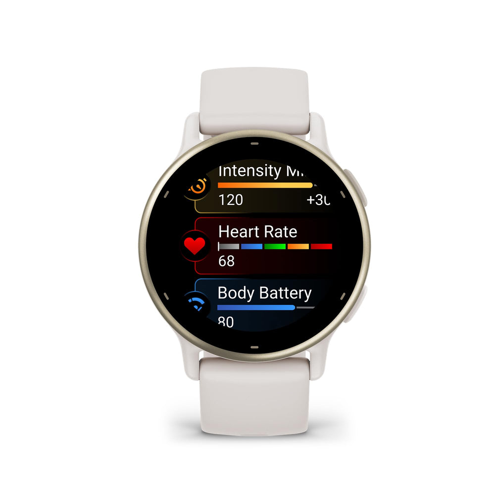 Garmin vívoactive 5 close-up of colorful AMOLED screen benefit: high-contrast visibility