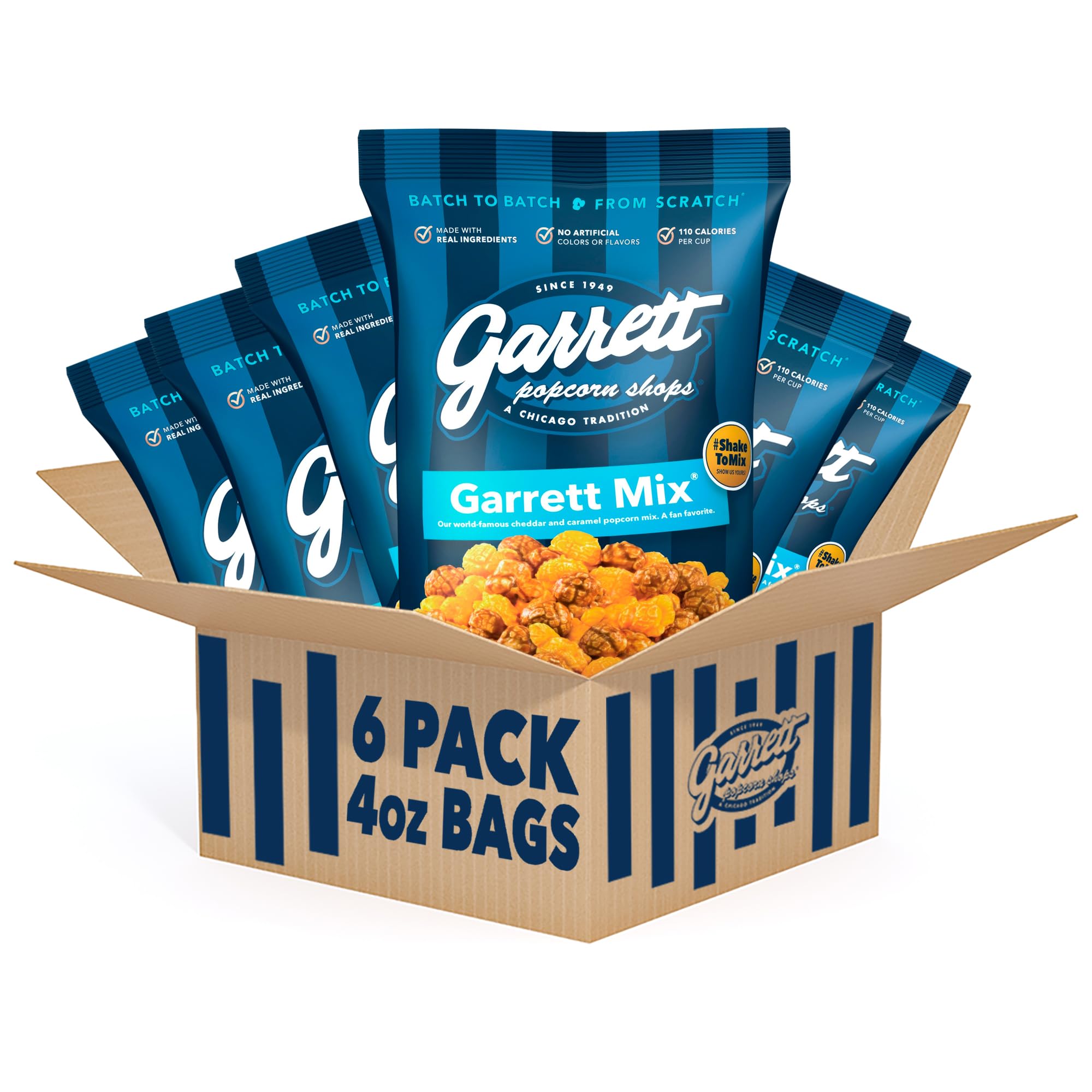 Garrett Popcorn Shops paquete frontal mostrando diseño y tamaño práctico para llevar