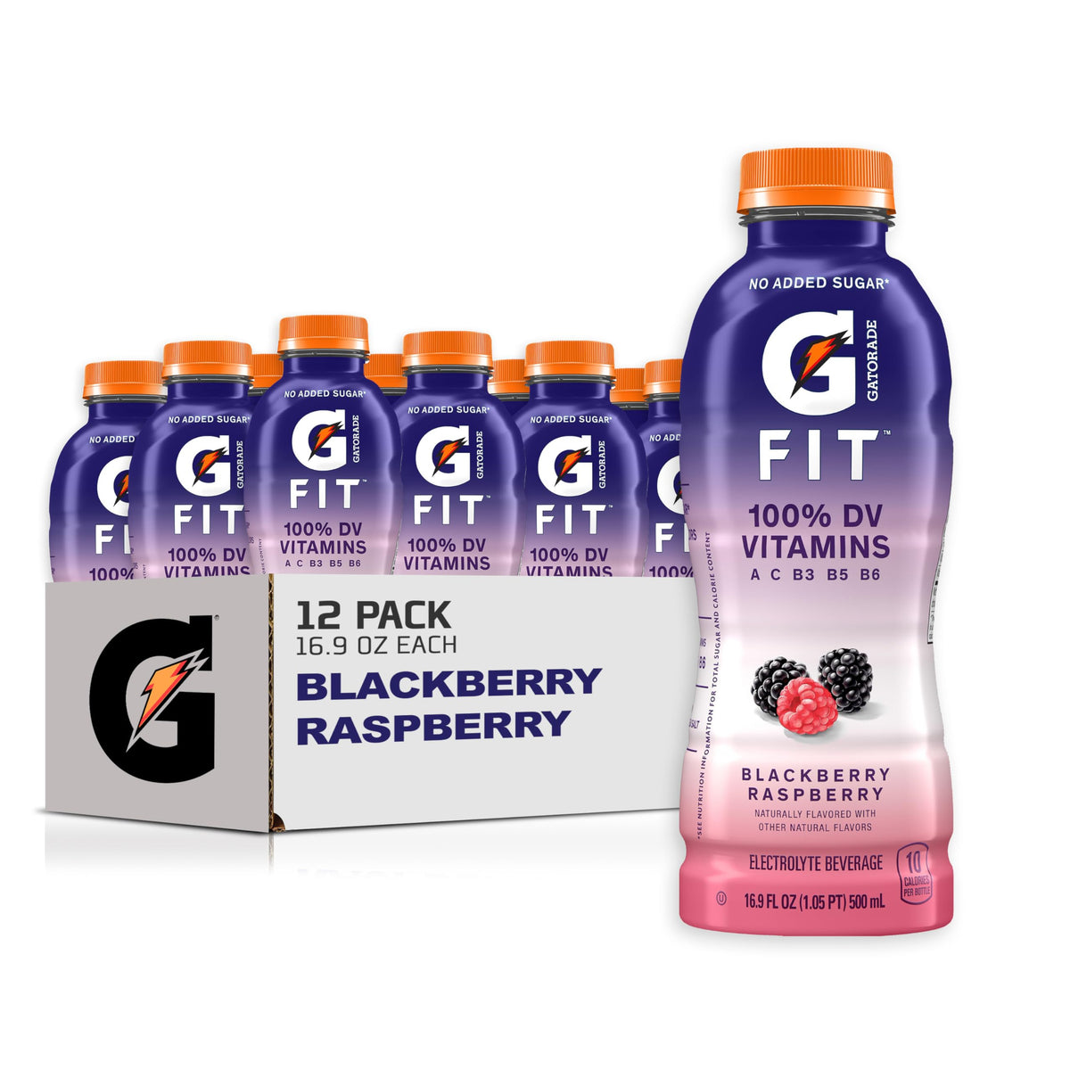 Gatorade Fit frontal del paquete mostrando 12 botellas y etiqueta clara