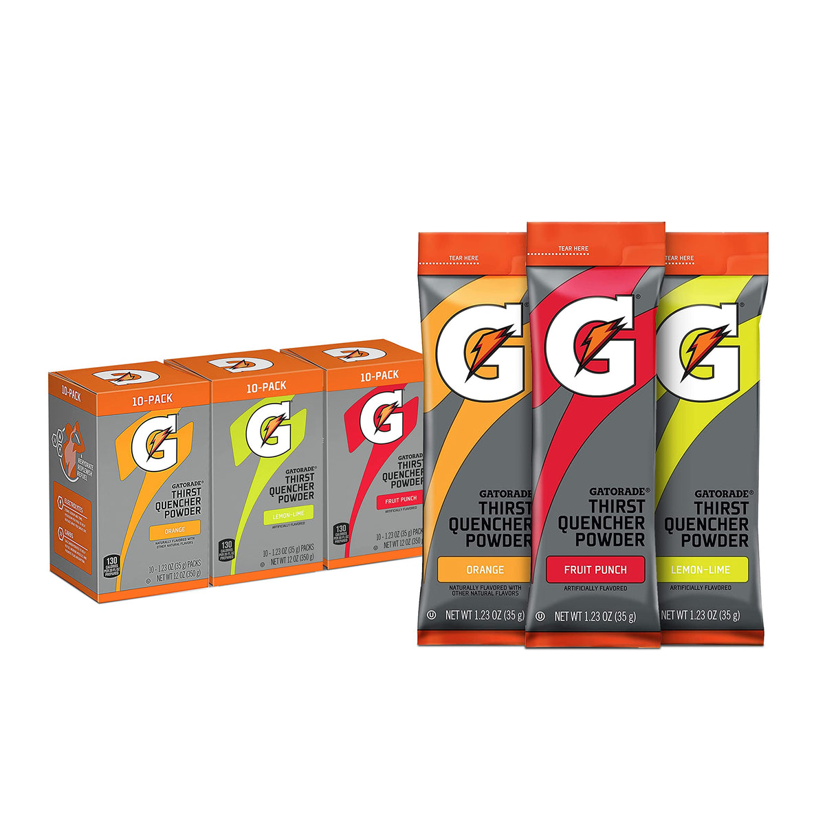 Gatorade frontal del pack mostrando los 30 sobres y conveniencia portátil