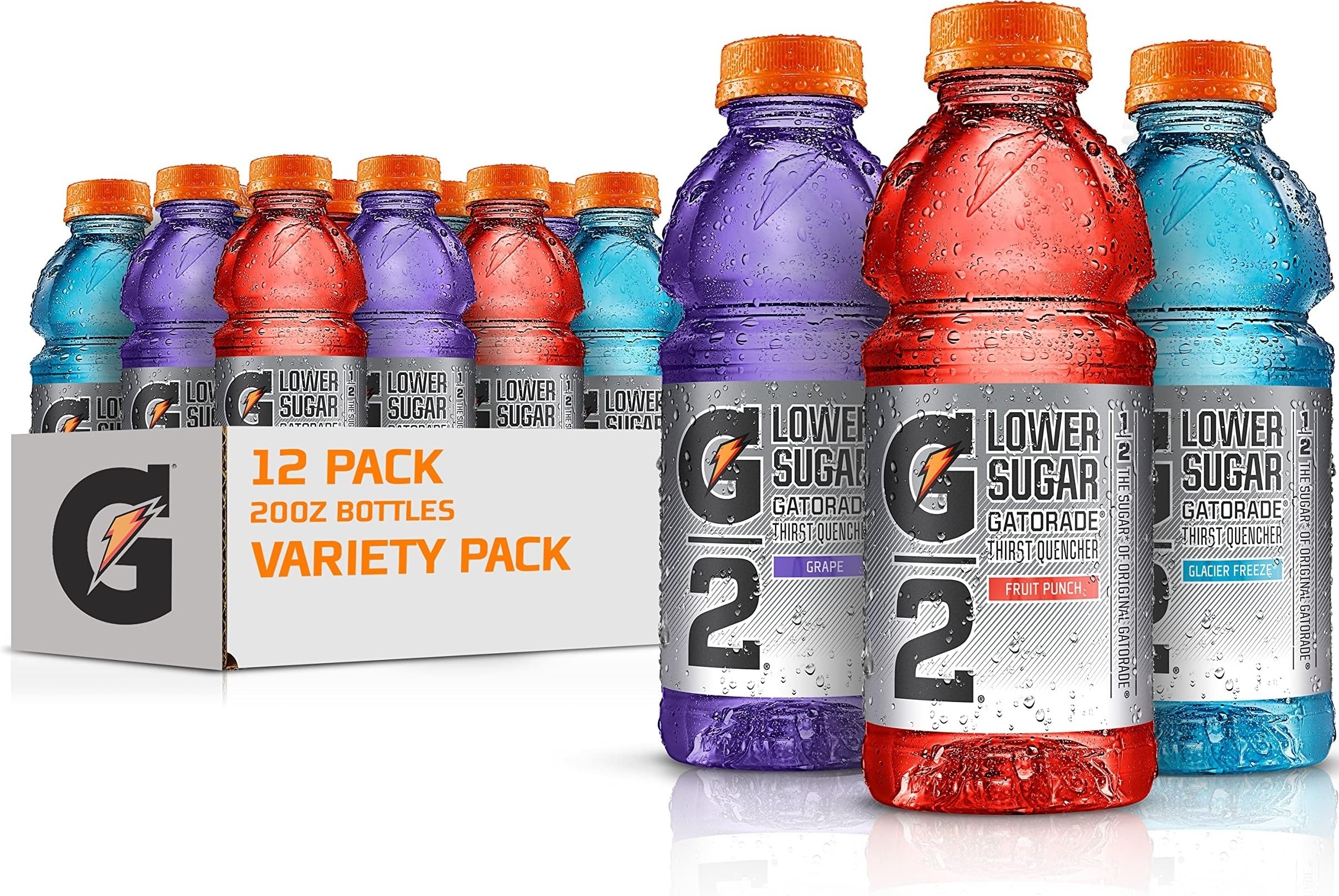 Gatorade G2 pack frontal mostrando las 12 botellas y variedad de sabores