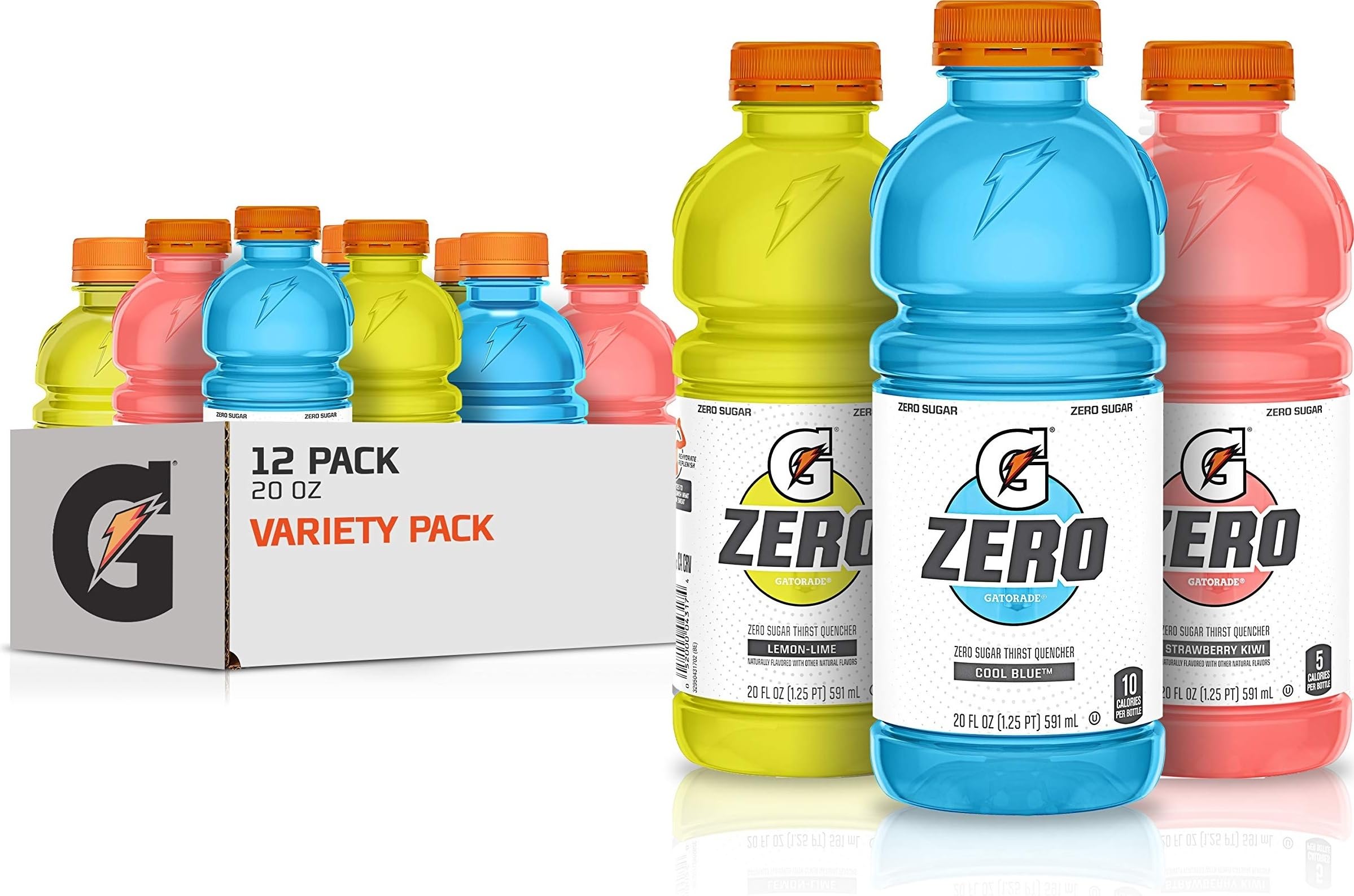 Gatorade pack frontal con 12 botellas mostrando sabores y beneficios de hidratación