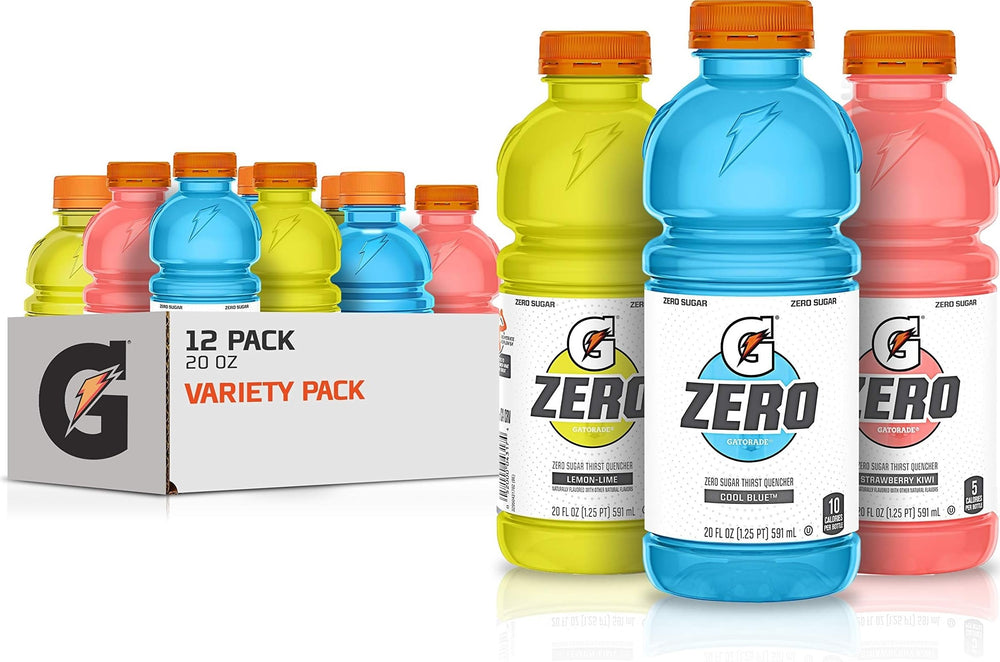 Gatorade pack frontal con 12 botellas mostrando sabores y beneficios de hidratación