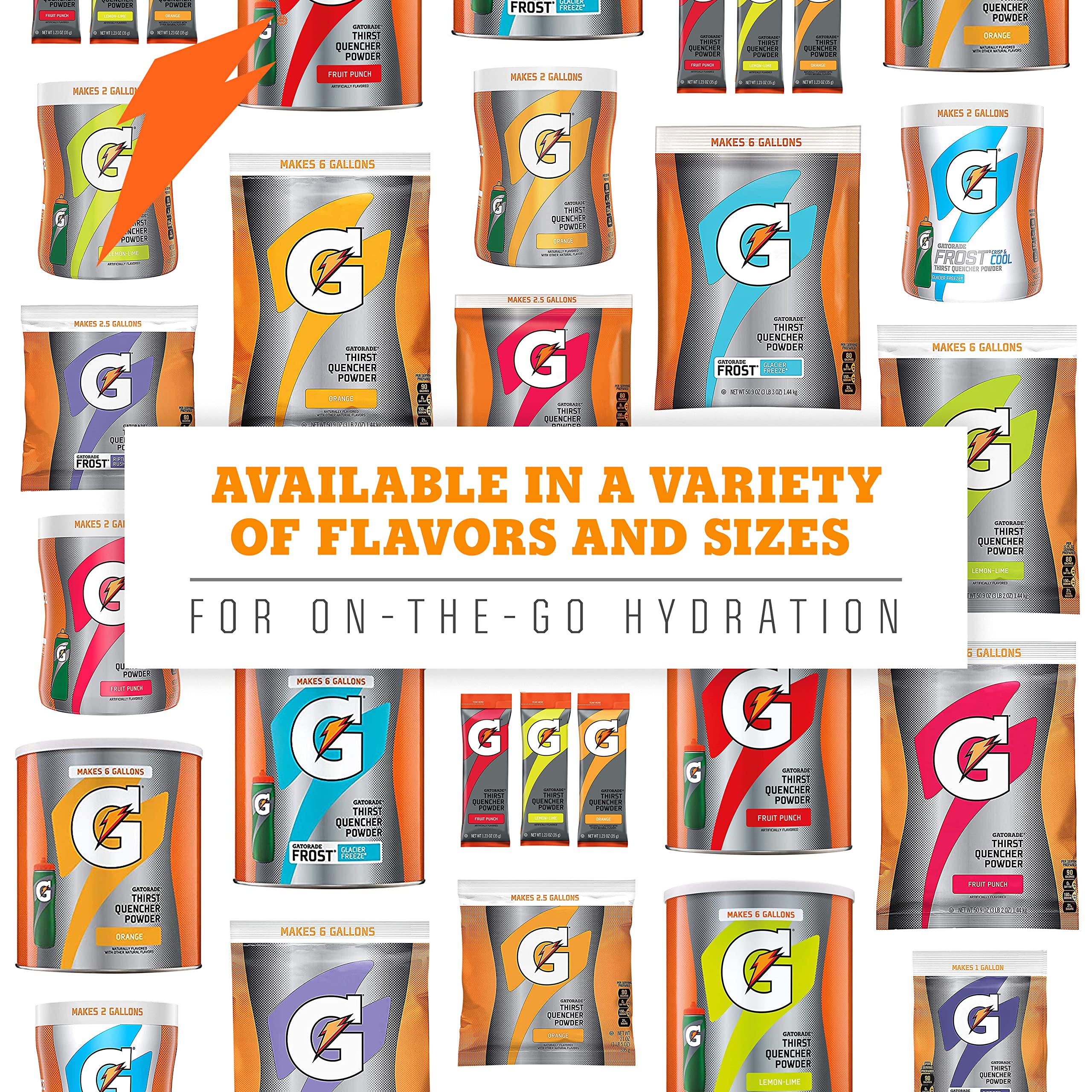 Gatorade tres sobres representando las variedades Fruit Punch Orange Lemon Lime