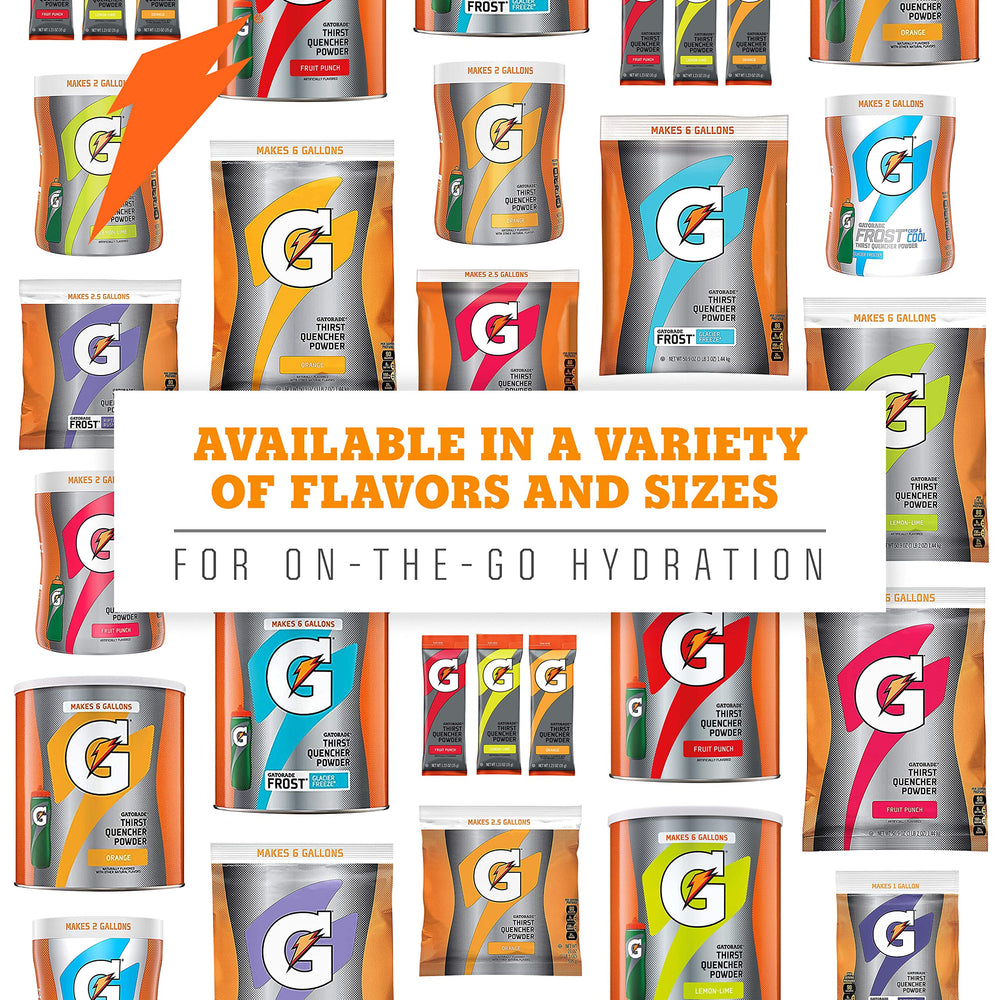 Gatorade tres sobres representando las variedades Fruit Punch Orange Lemon Lime
