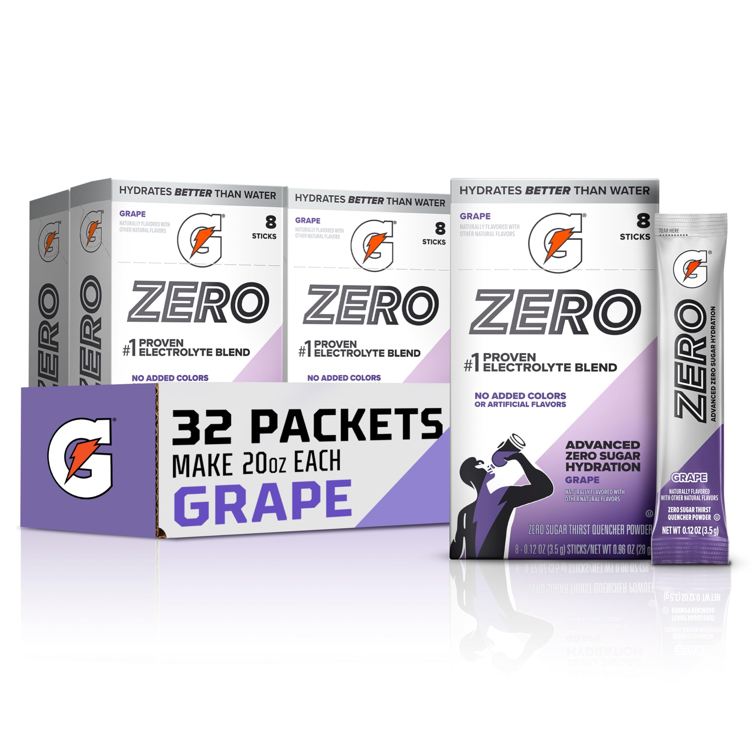 Gatorade Zero frente del empaque mostrando 32 sobres y beneficio de conveniencia