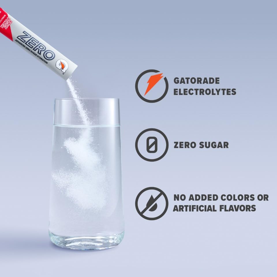 Gatorade Zero sobre abierto con polvo morado que refleja mezcla fácil y sin azúcar