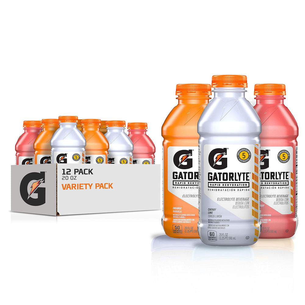 Gatorlyte frontal pack mostrando 12 botellas y beneficios de rehidratación