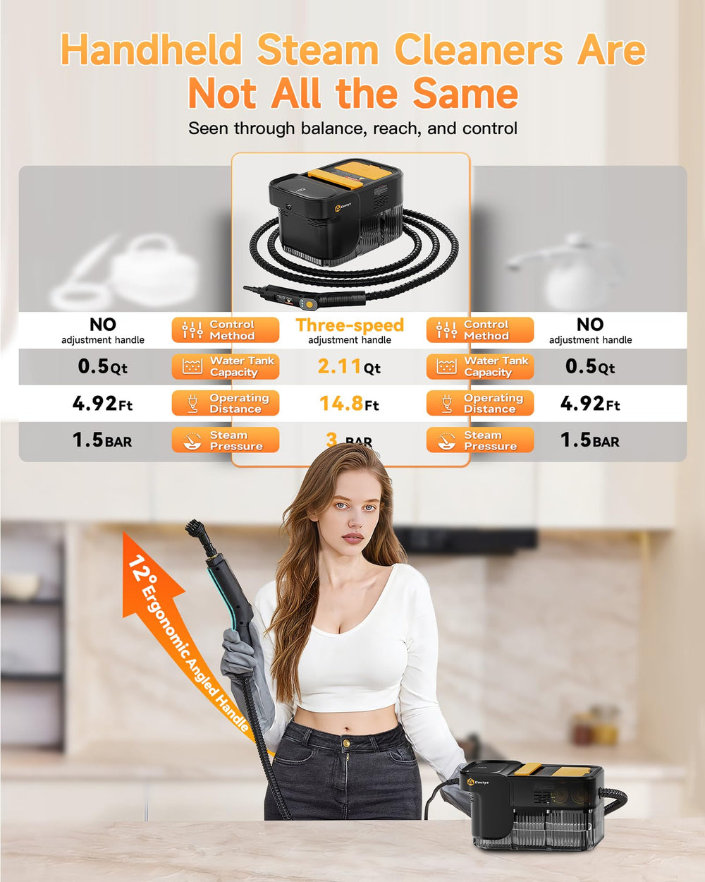 Gautye steam cleaner in use on tile floor to loosen grime efficiently