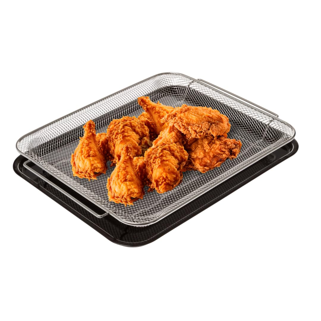 GE front view of air fry basket showing large oven-ready capacity and convenience
