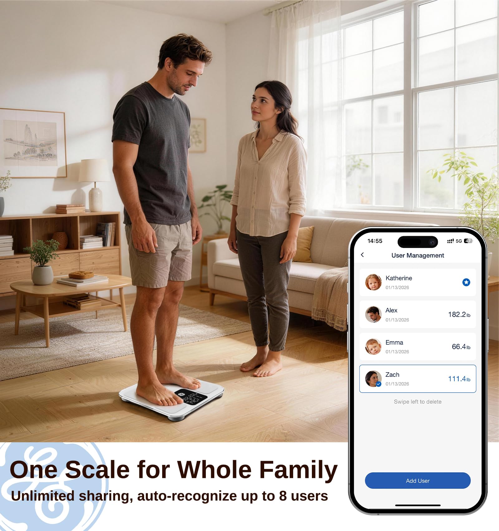 GE app Fit Profile en teléfono mostrando gráficos de progreso