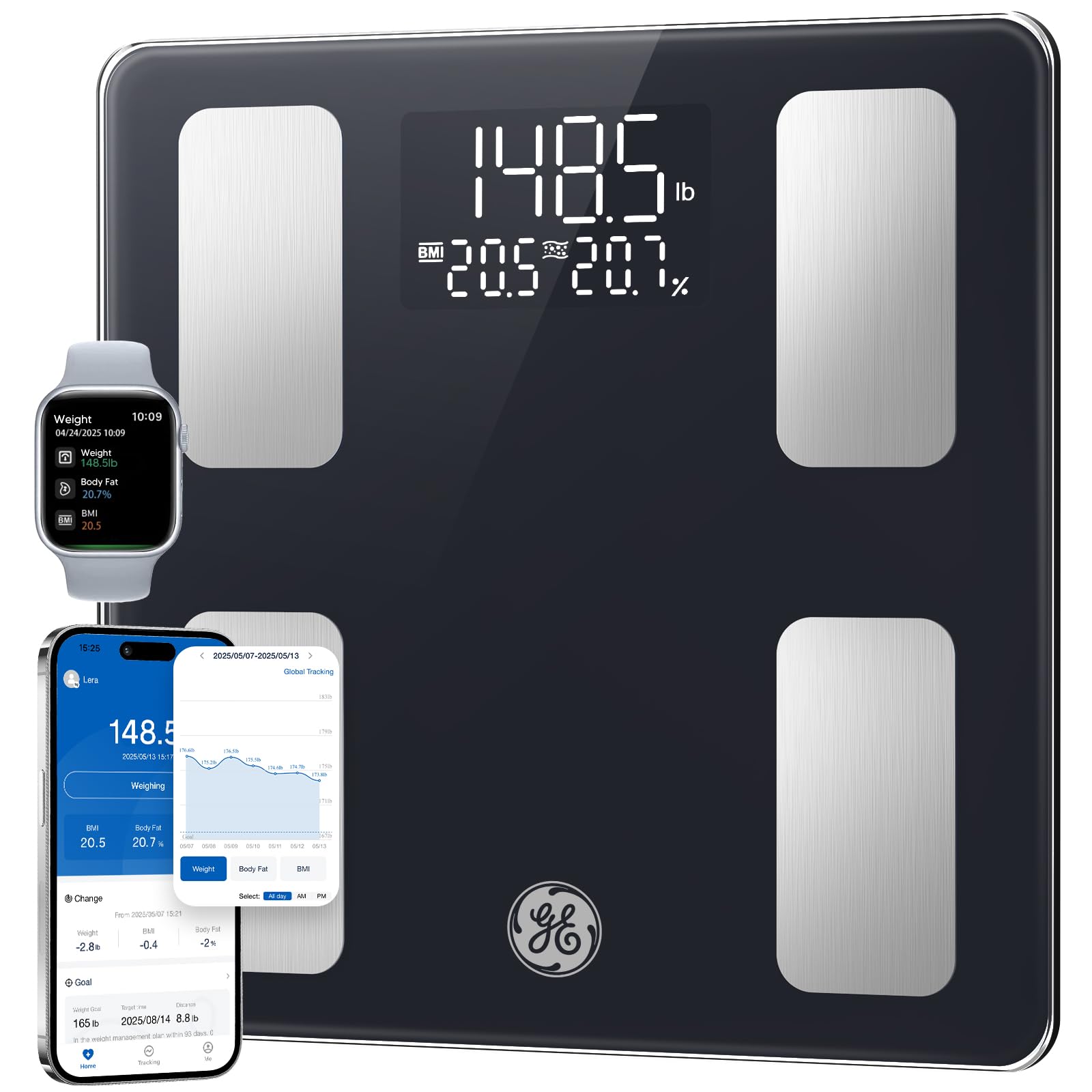 GE báscula frontal con pantalla LED visible y lectura rápida
