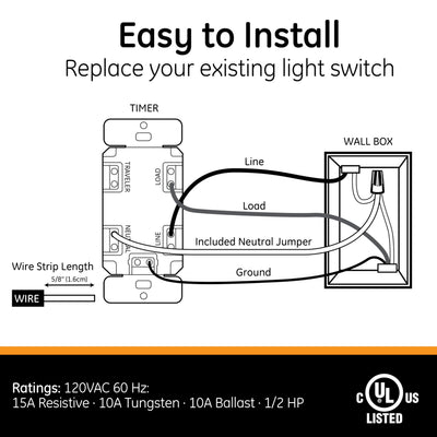 GE temporizador instalado en pared controlando luz de porche y mejorando seguridad