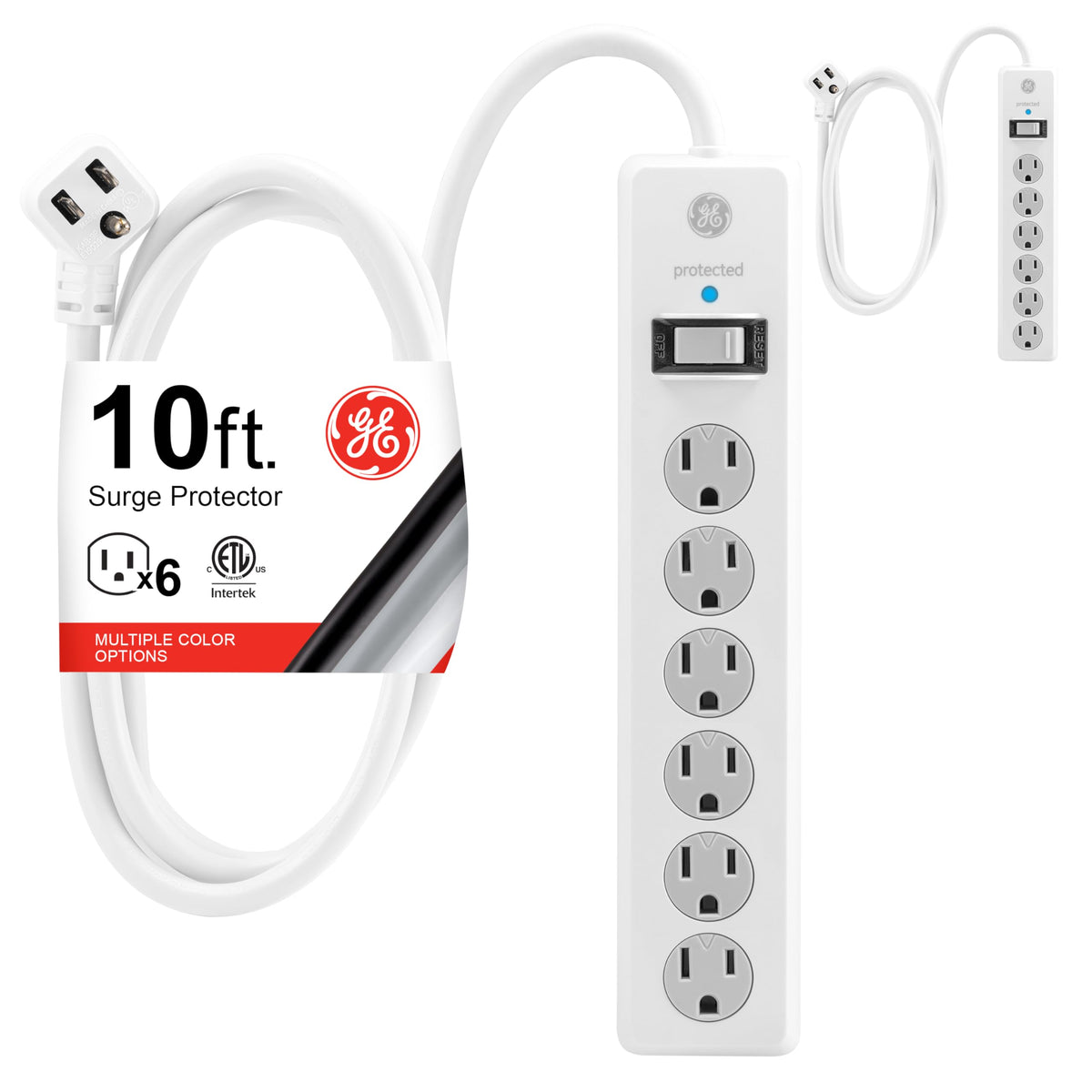 GE front view showing both surge protector units and outlet layout benefits