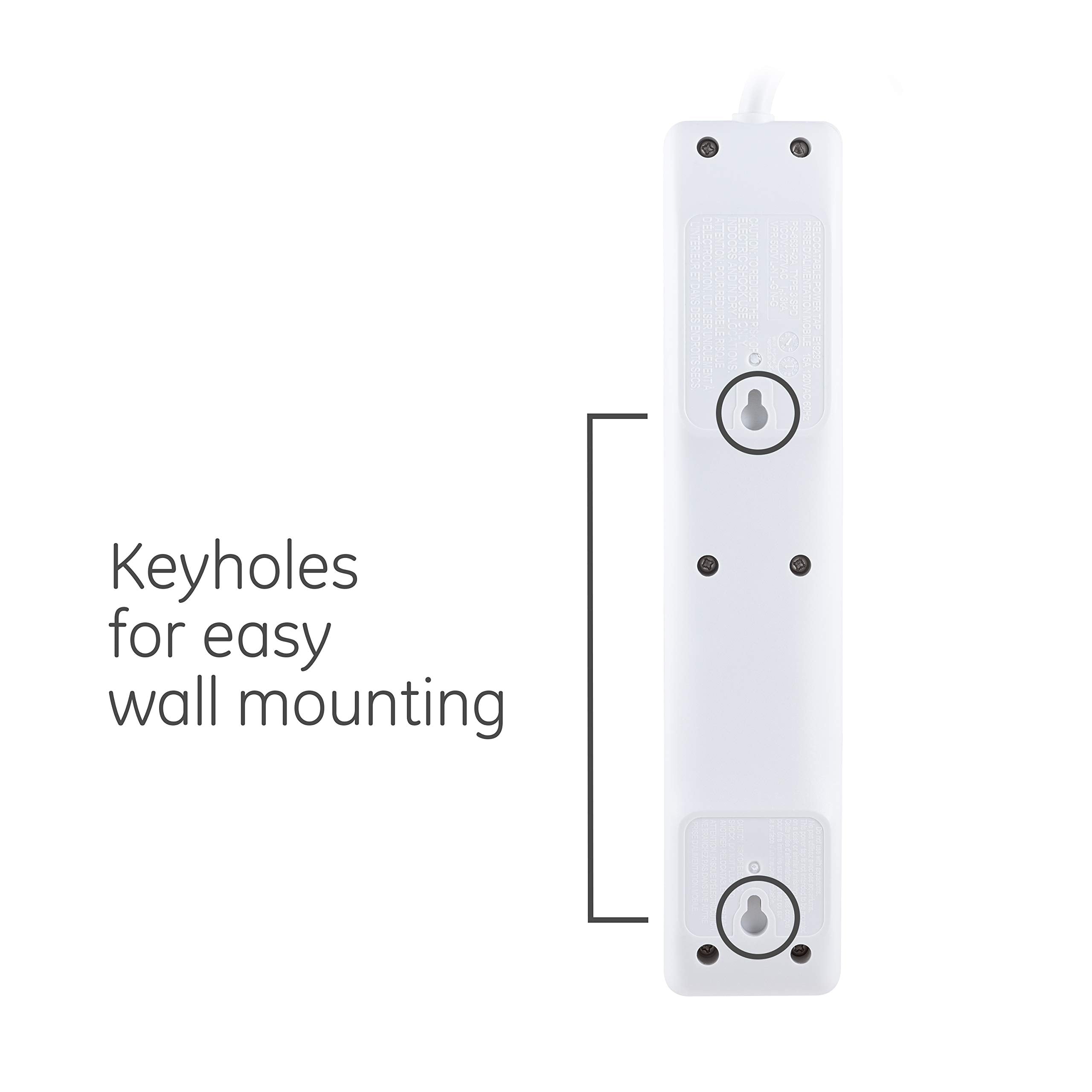 GE surge protector in a home office providing tidy, protected power