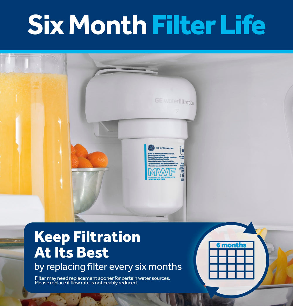 GE MWF in kitchen dispenser producing clear water showing taste-improvement benefit