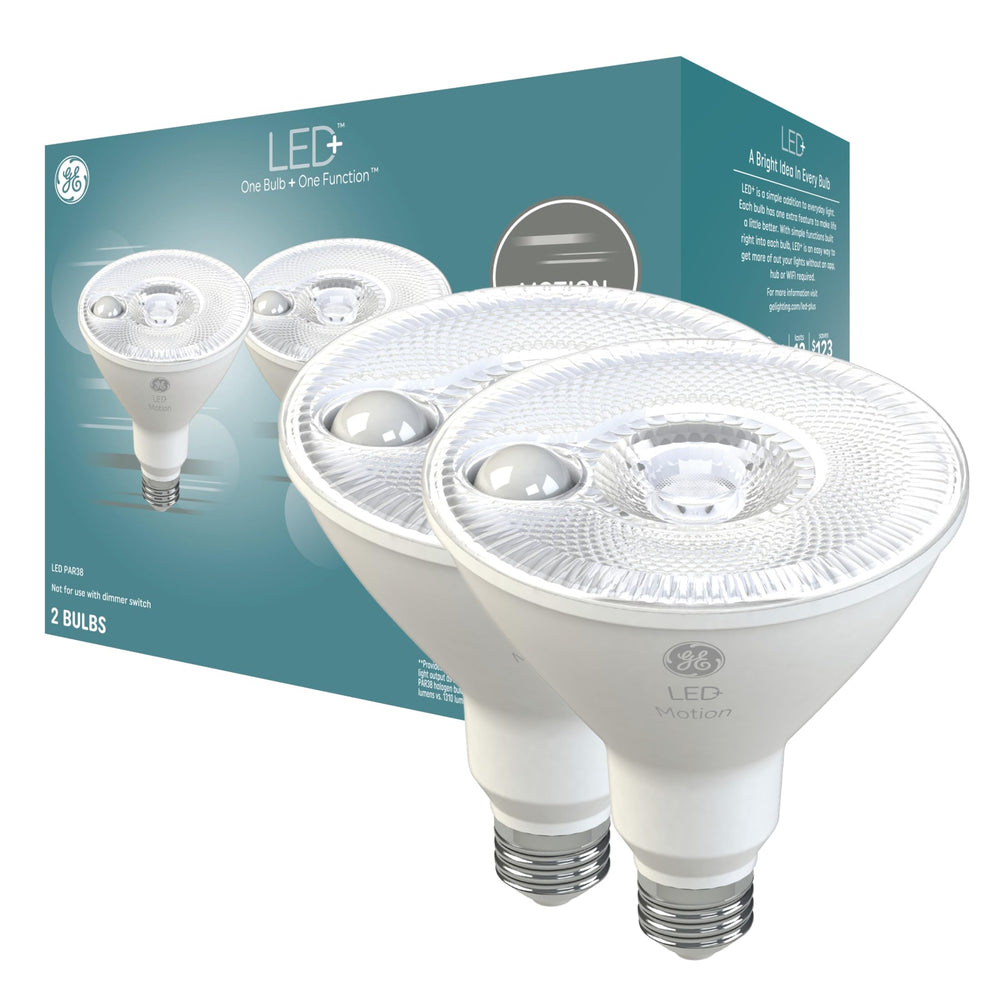 GE PAR38 front view showing bulb shape and branding for easy identification