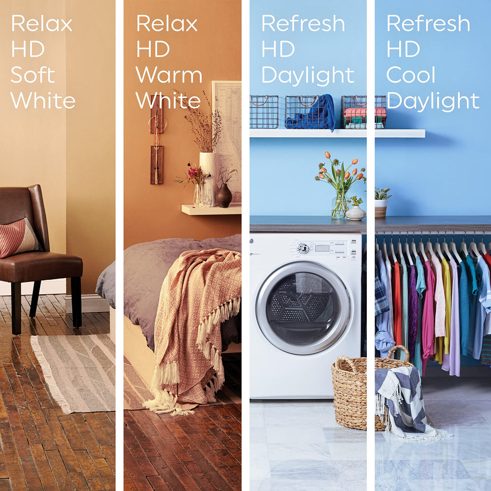 GE Relax instalada en lámpara de techo, ilumina habitación con blanco suave