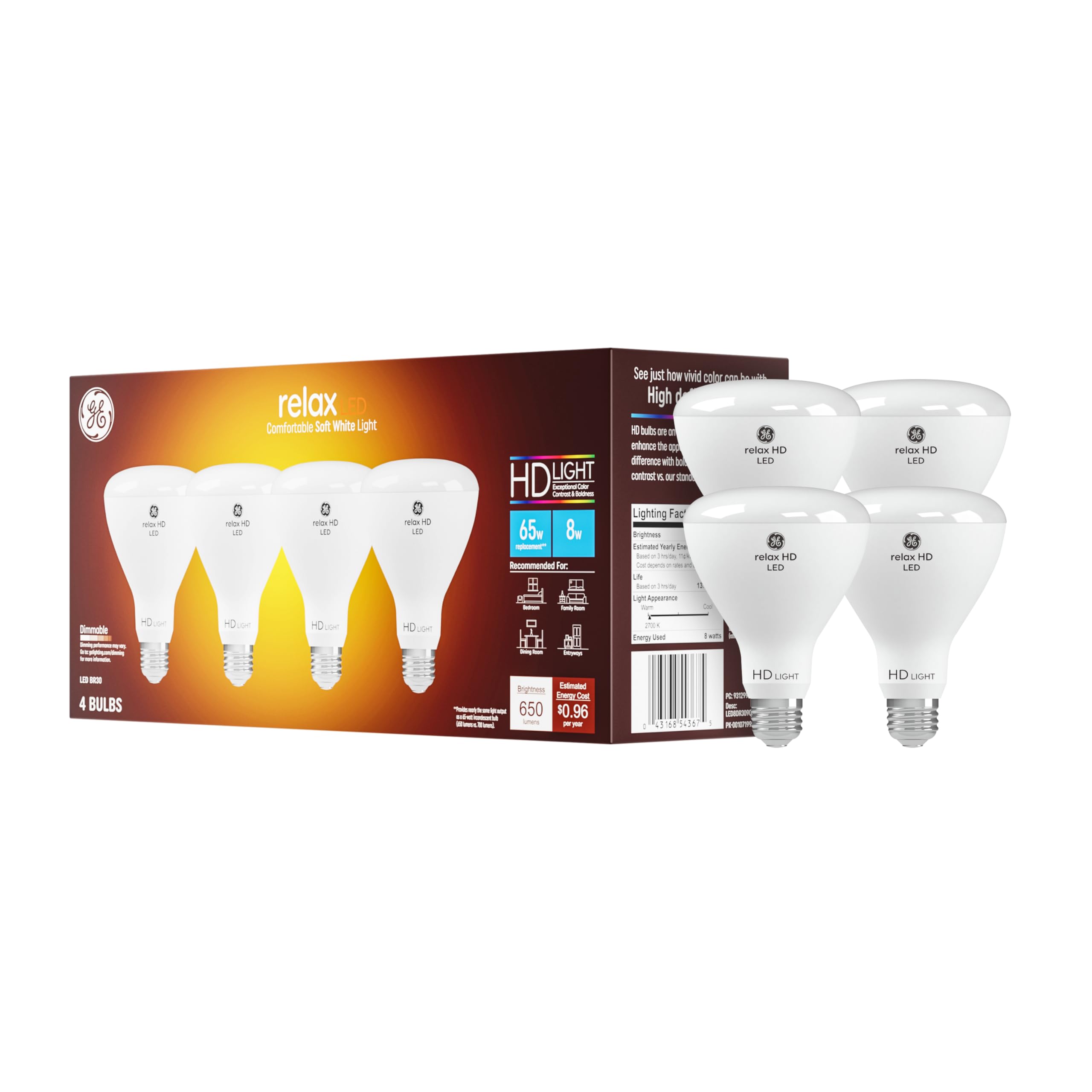 GE Relax bombilla BR30 frontal mostrando forma y difusor, mejora visual de la estancia
