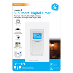 GE temporizador frontal montaje en pared mostrando pantalla y beneficio de control programado