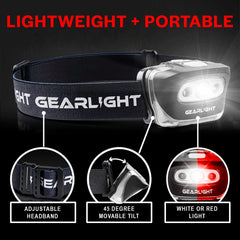 GearLight frontal en uso en campamento nocturno con manos libres