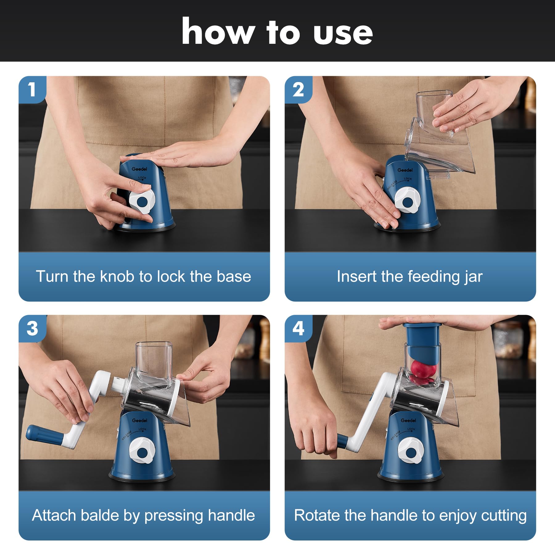 Geedel con mano para comparar tamaño y mostrar ergonomía y control manual