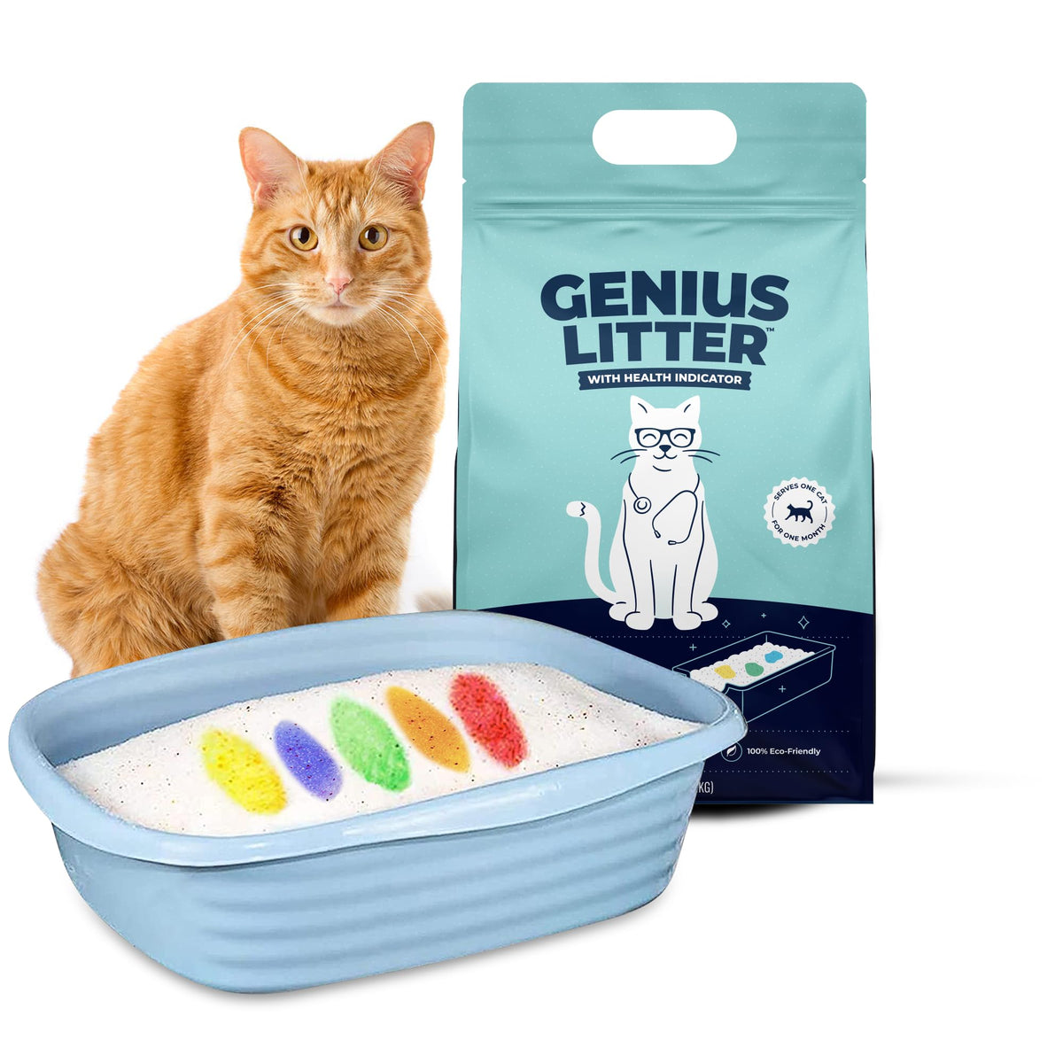 Genius Litter paquete frontal mostrando peso y diseño, control conveniente