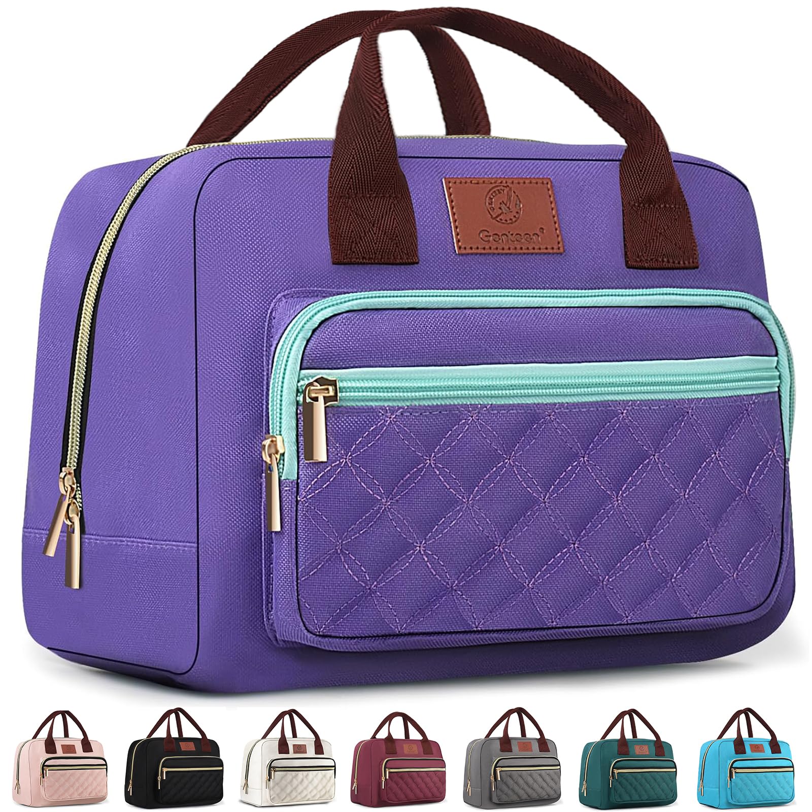 Genteen bolsa frontal morada mostrando diseño estiloso y capacidad