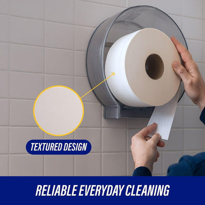 Genuine Joe jumbo roll installed in a dispenser reducing refill frequency